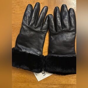 UGG Black Leather Women's Gloves with Fur Trim